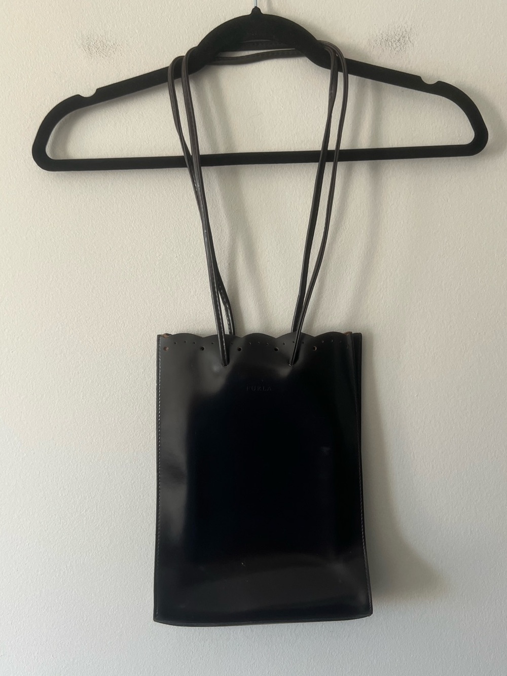Furla Black Brown Leather Mini Tote Shoulder Bag Scalloped Edge Vintage